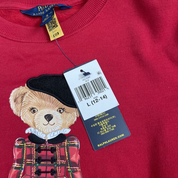 NEW Ralph Lauren Girls 12/14 Polo Bear Knit Sweater Dress Red Fleece Christmas - Picture 6 of 11